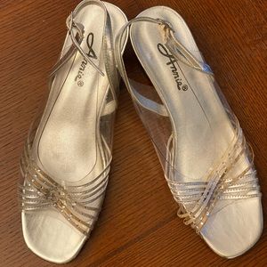 Silver/Clear Annie brand Bobby II Strappy Slingback Sandals w/Rhinestone Detail